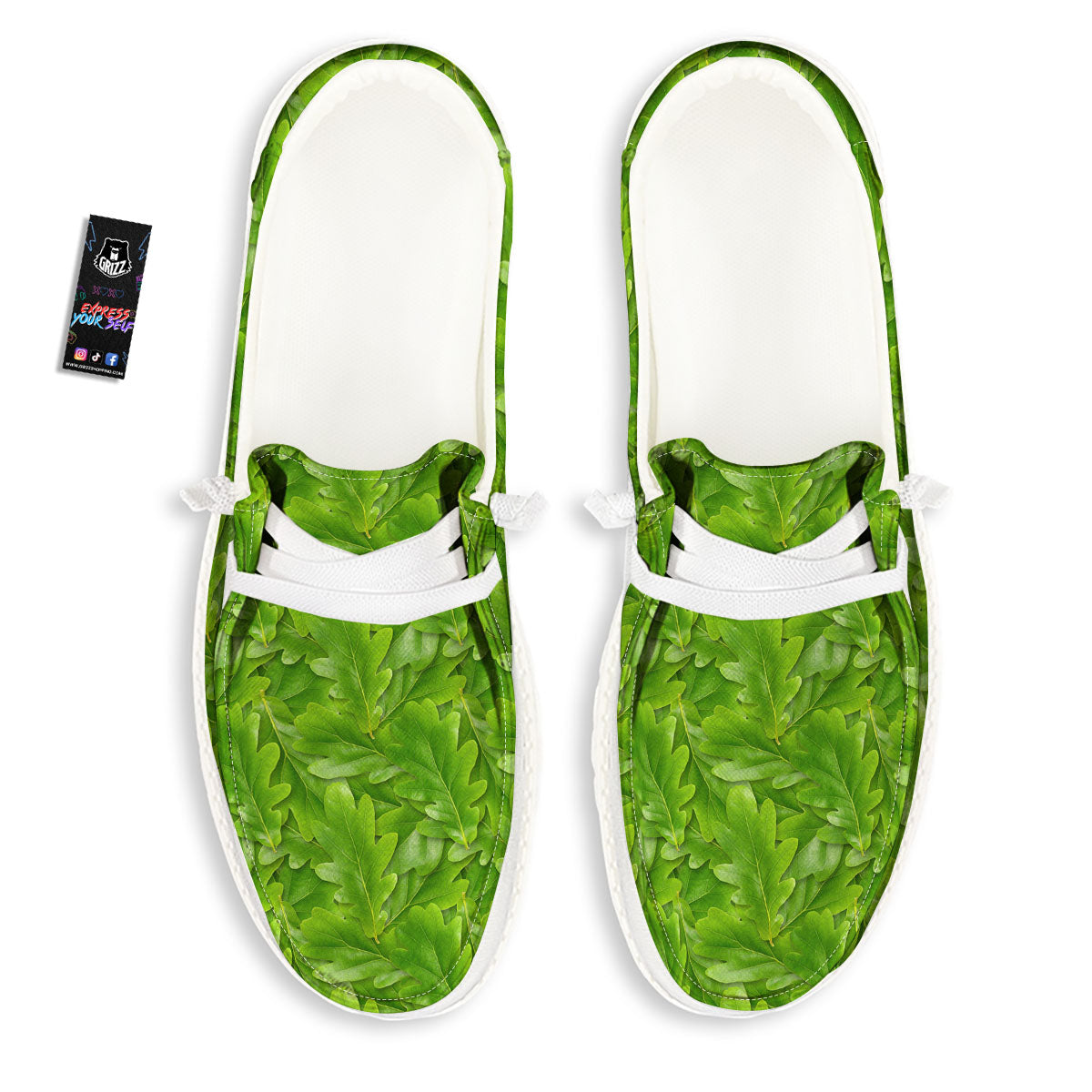 Oak Leaf Green Print White Loafers-grizzshop