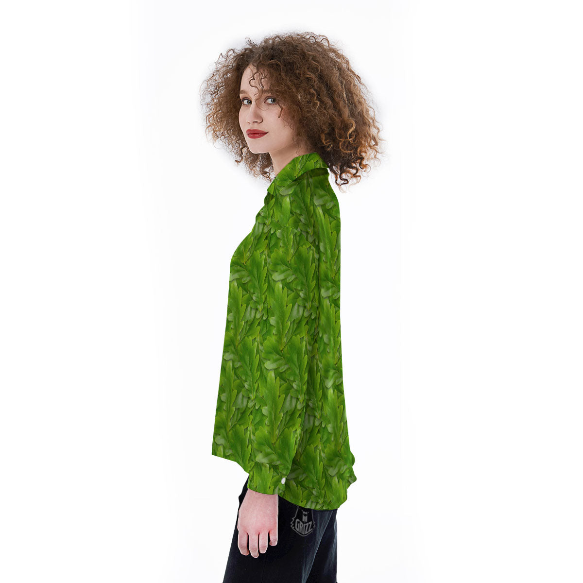 Oak Leaf Green Print Women's Long Sleeve Shirts-grizzshop