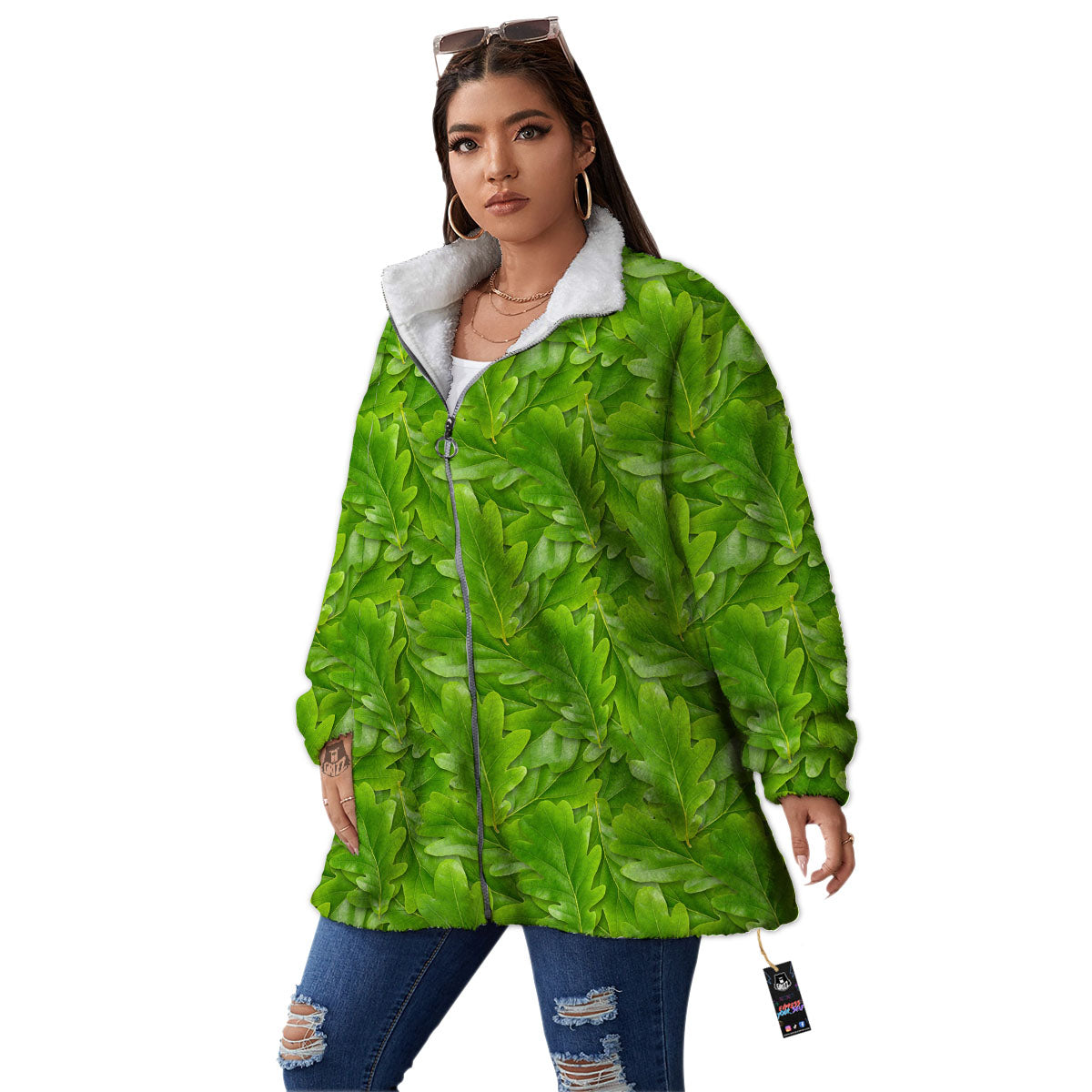 Oak Leaf Green Print Women's Sherpa Jacket-grizzshop