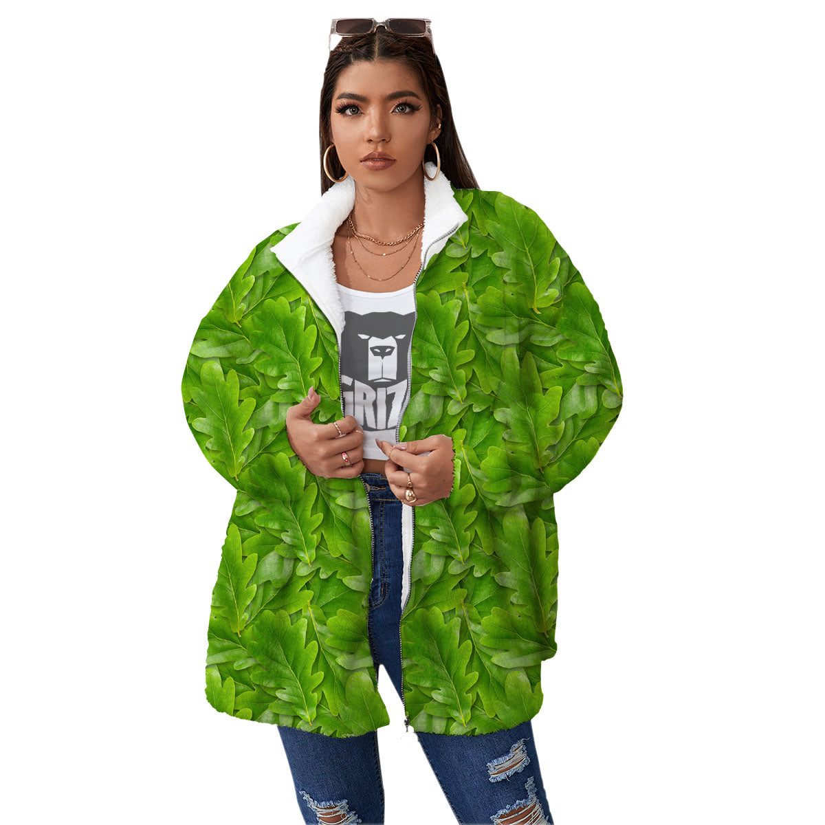 Oak Leaf Green Print Women's Sherpa Jacket-grizzshop