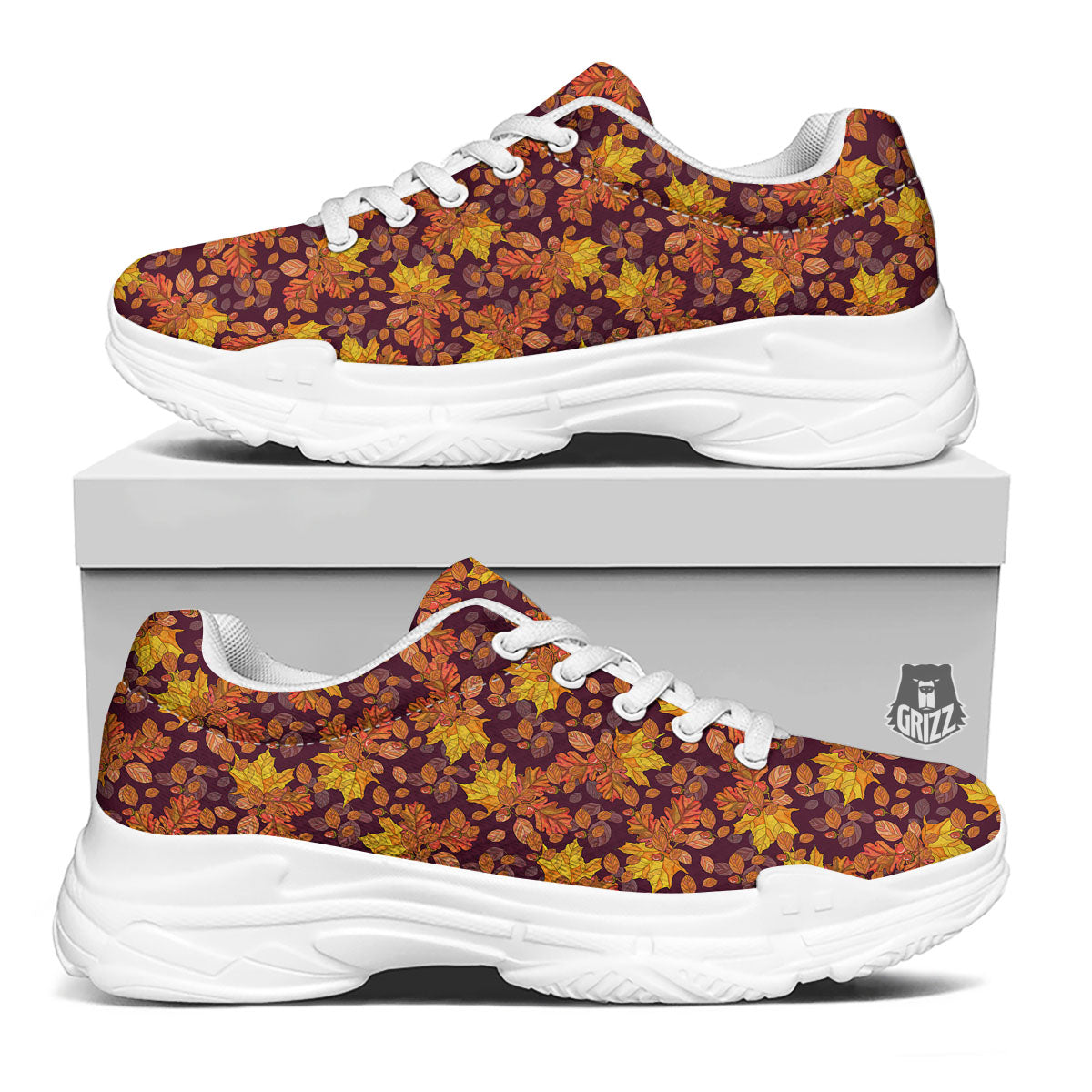 Oak Maple Print Pattern White Chunky Shoes-grizzshop