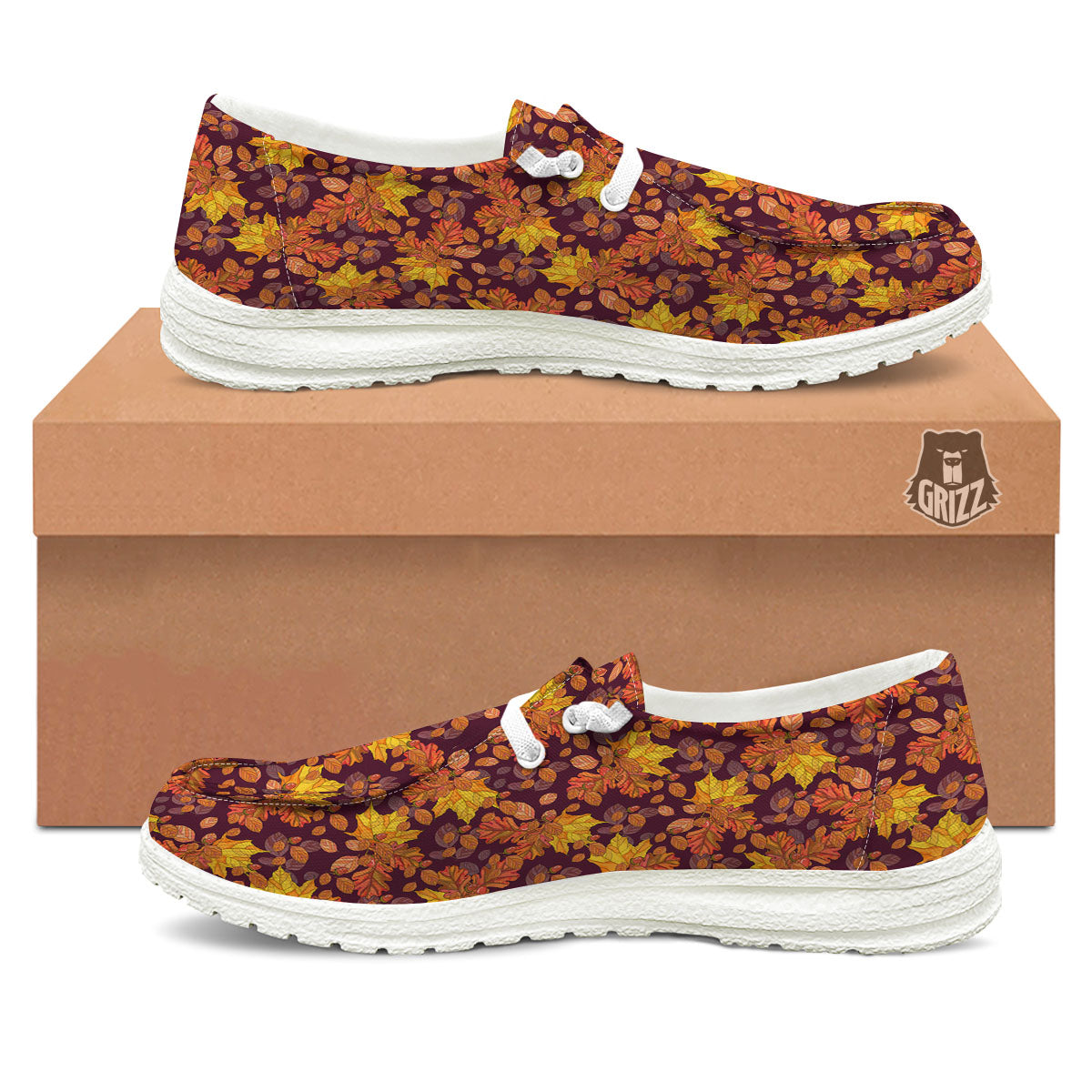 Oak Maple Print Pattern White Loafers-grizzshop