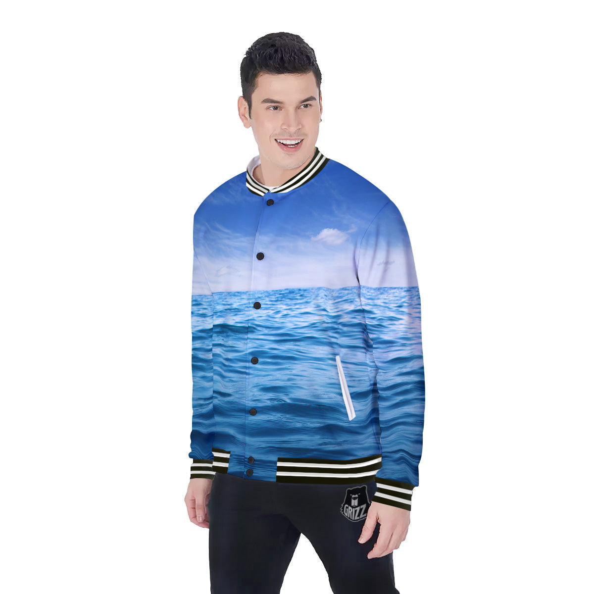 Ocean Blue Print Baseball Jacket-grizzshop