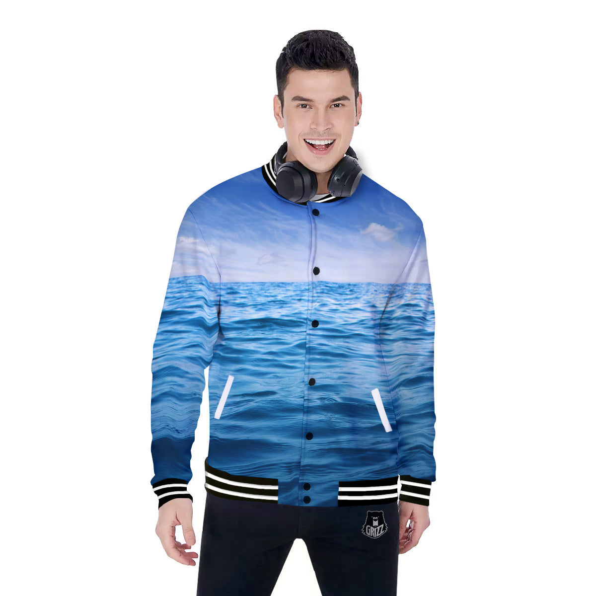 Ocean Blue Print Baseball Jacket-grizzshop