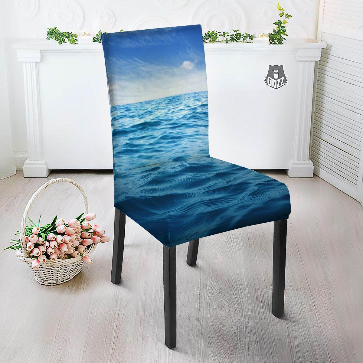 Ocean Blue Print Dining Chair Slipcover-grizzshop