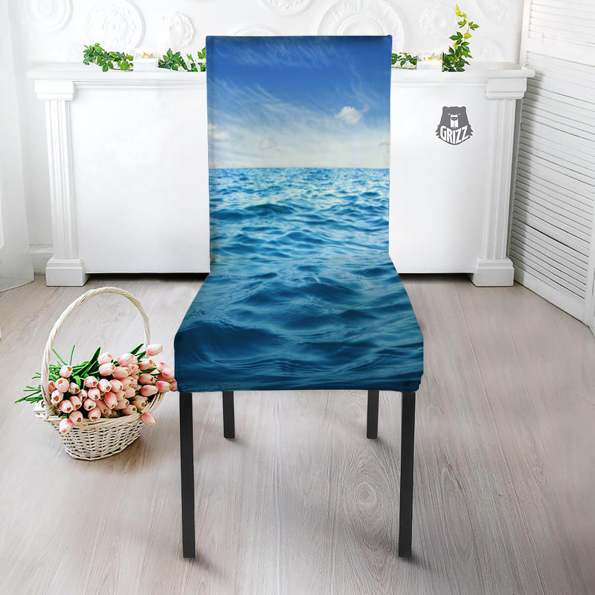 Ocean Blue Print Dining Chair Slipcover-grizzshop