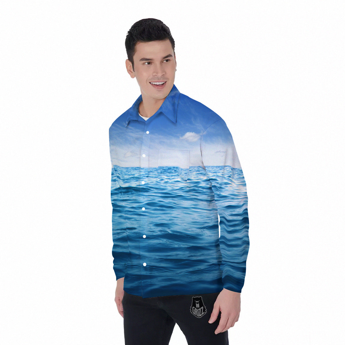 Ocean Blue Print Men's Long Sleeve Shirts-grizzshop