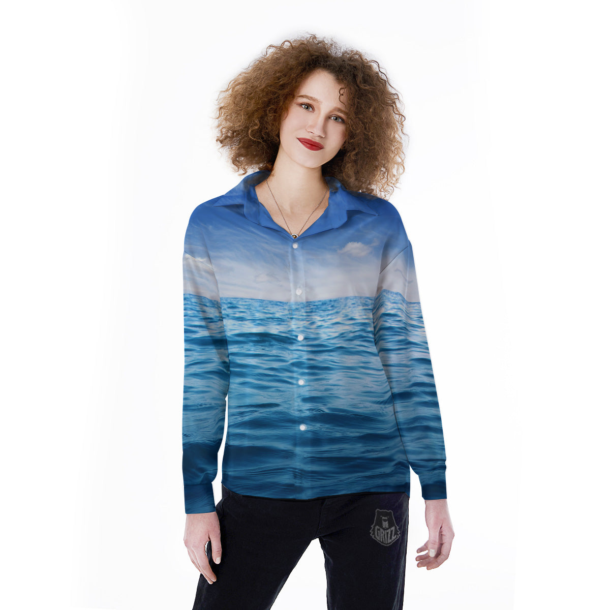 Ocean Blue Print Women's Long Sleeve Shirts-grizzshop