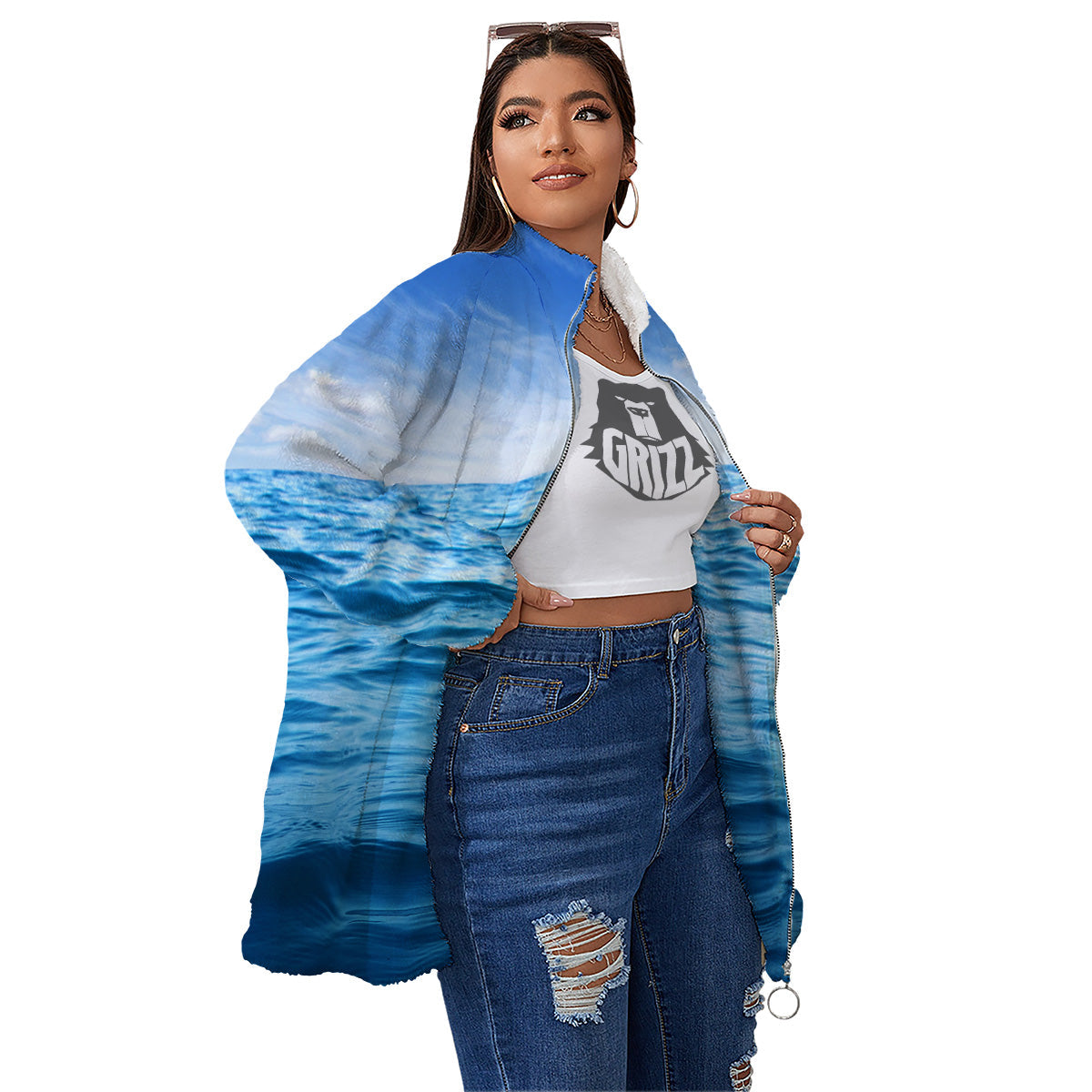Ocean Blue Print Women's Sherpa Jacket-grizzshop