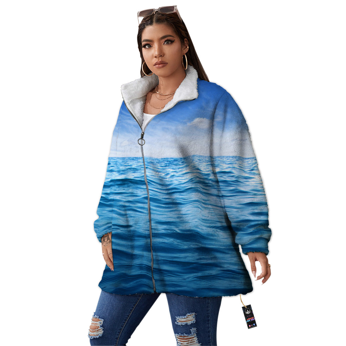 Ocean Blue Print Women's Sherpa Jacket-grizzshop