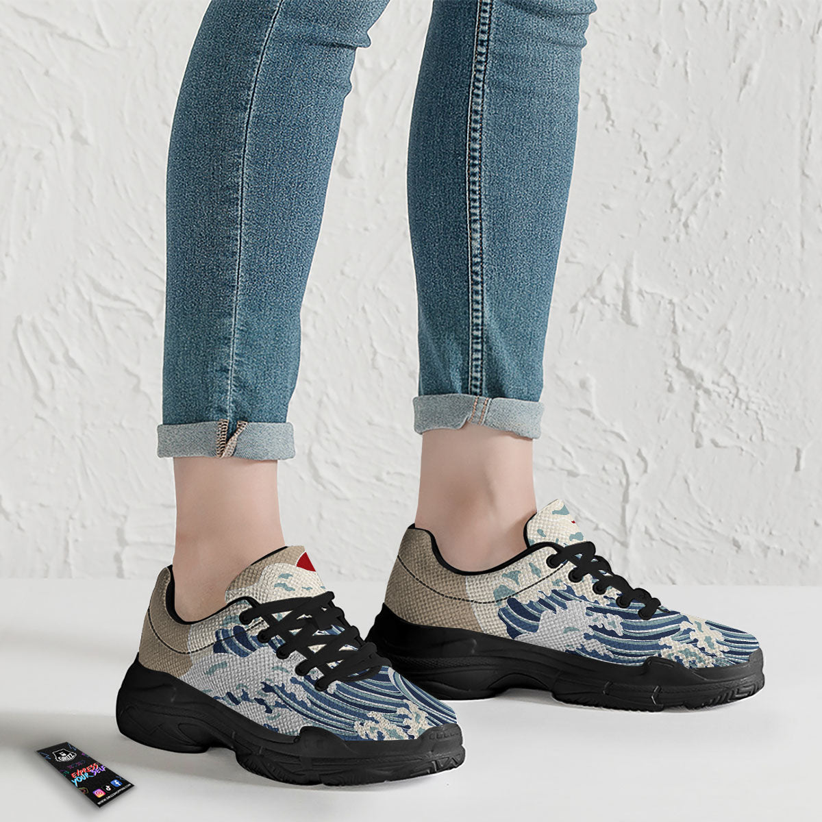 Ocean Wave Japanese Print Black Chunky Shoes-grizzshop