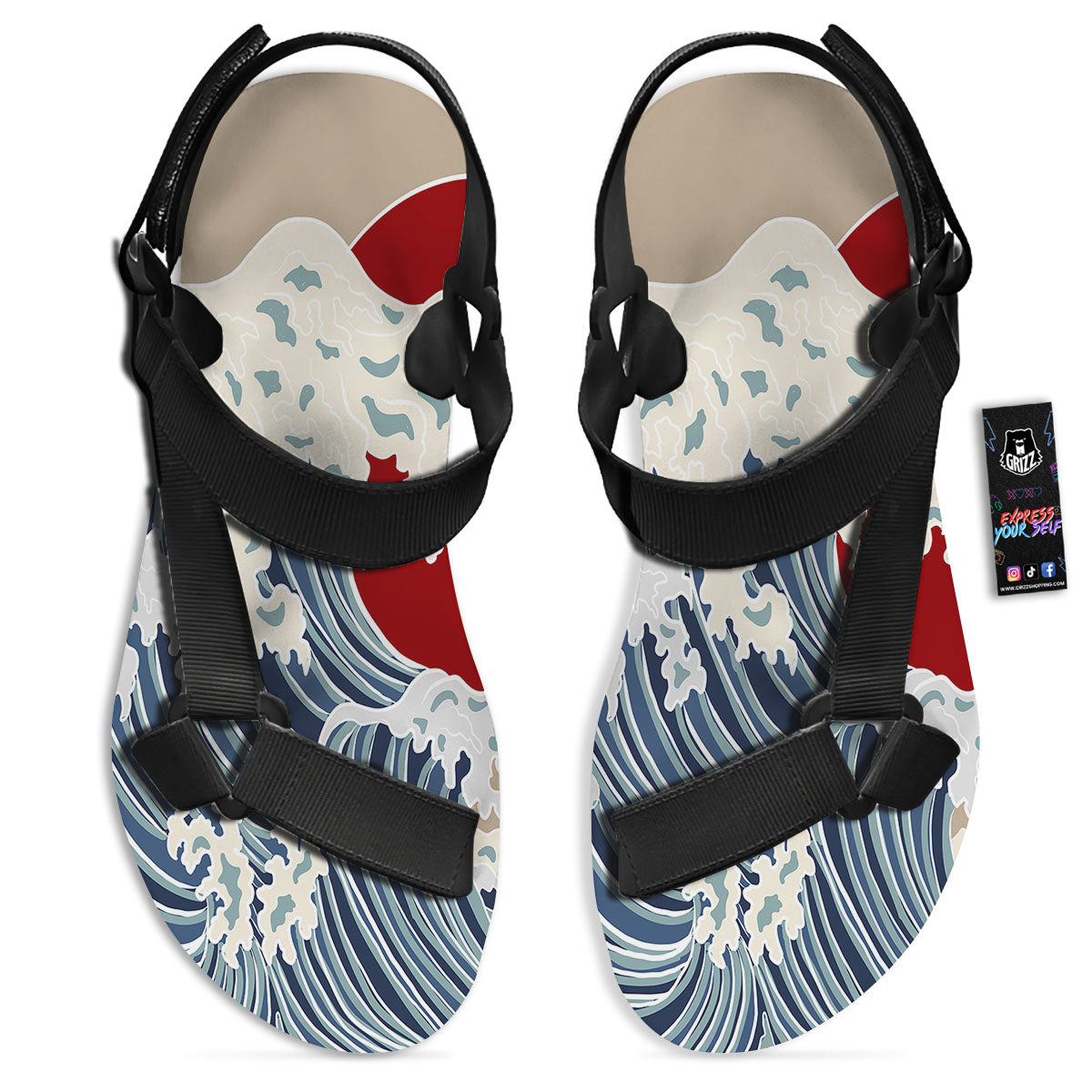 Ocean Wave Japanese Print Black Open Toe Sandals-grizzshop