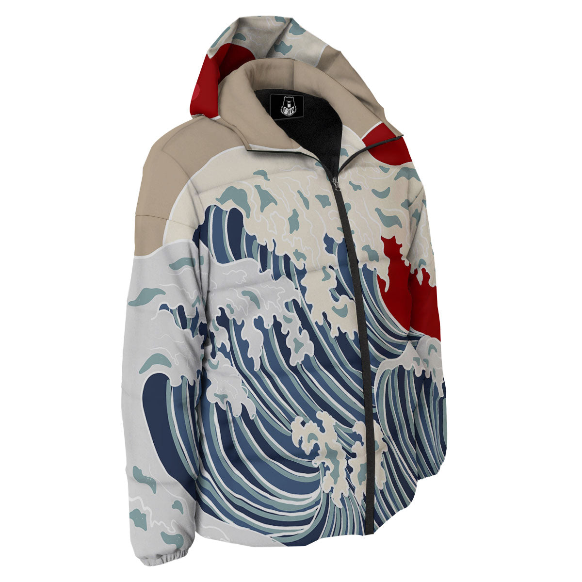 Ocean Wave Japanese Print Down Jacket-grizzshop