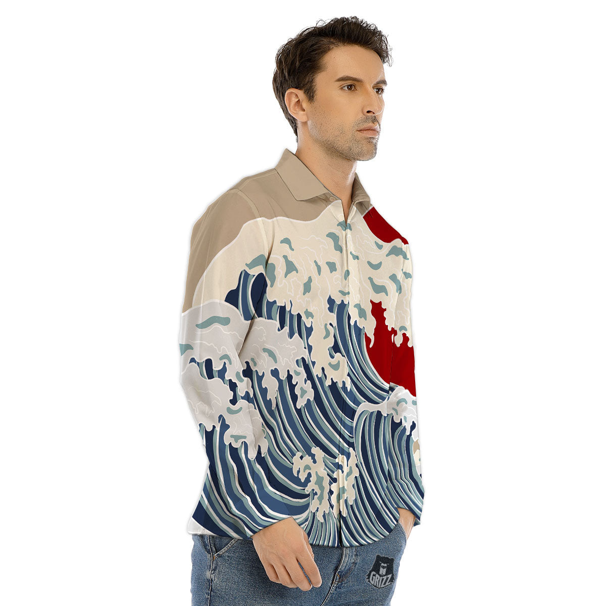 Ocean Wave Japanese Print Men's Dress Shirts-grizzshop
