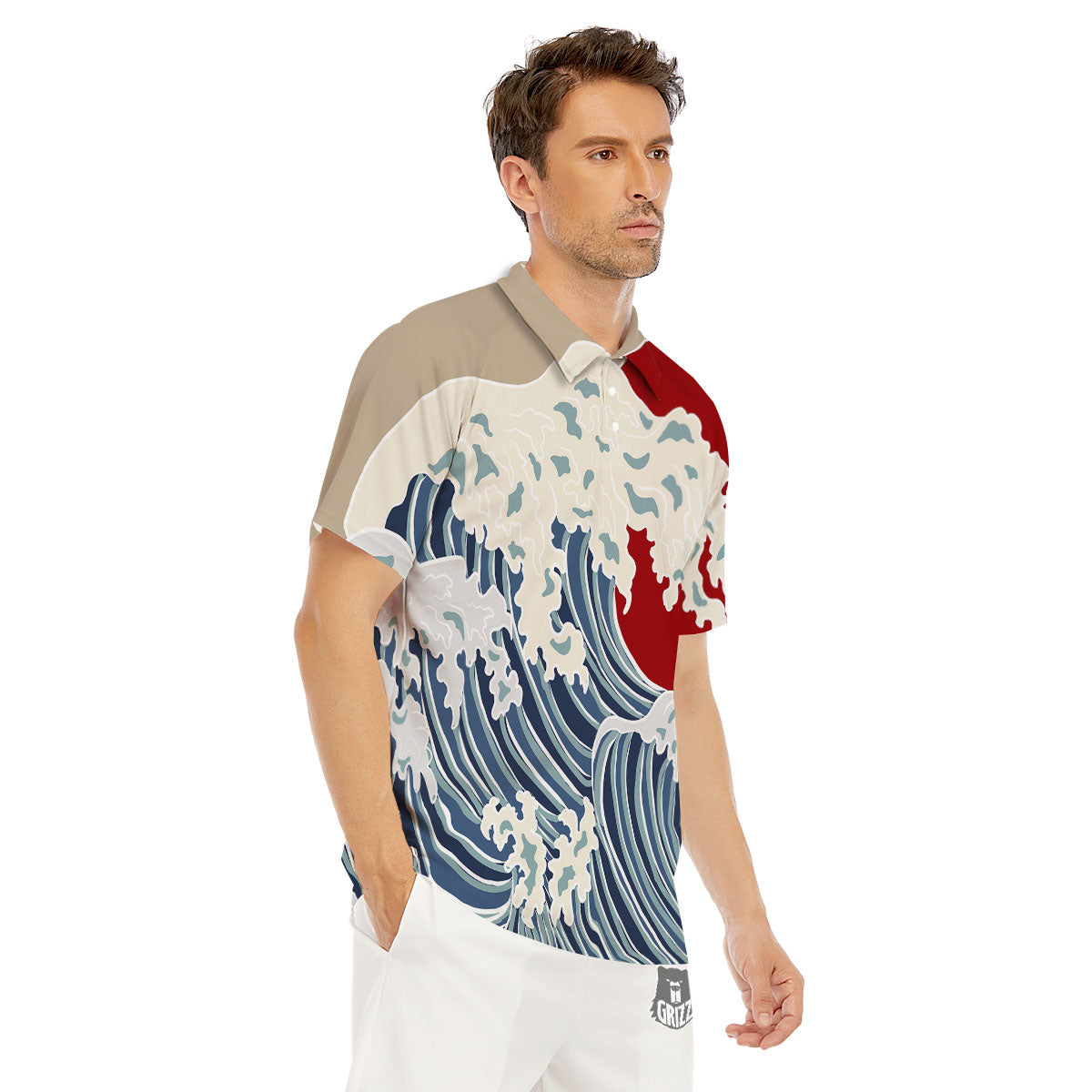 Ocean Wave Japanese Print Men's Golf Shirts-grizzshop