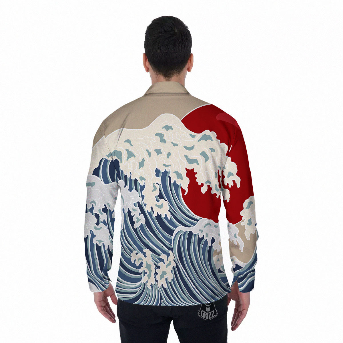 Ocean Wave Japanese Print Men's Long Sleeve Shirts-grizzshop