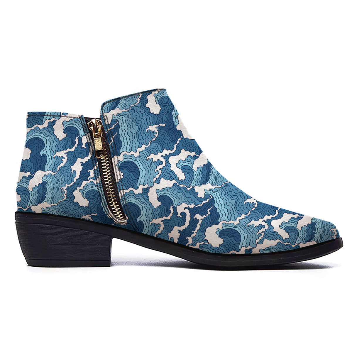 Ocean Wave Japanese Print Pattern Ankle Boots-grizzshop