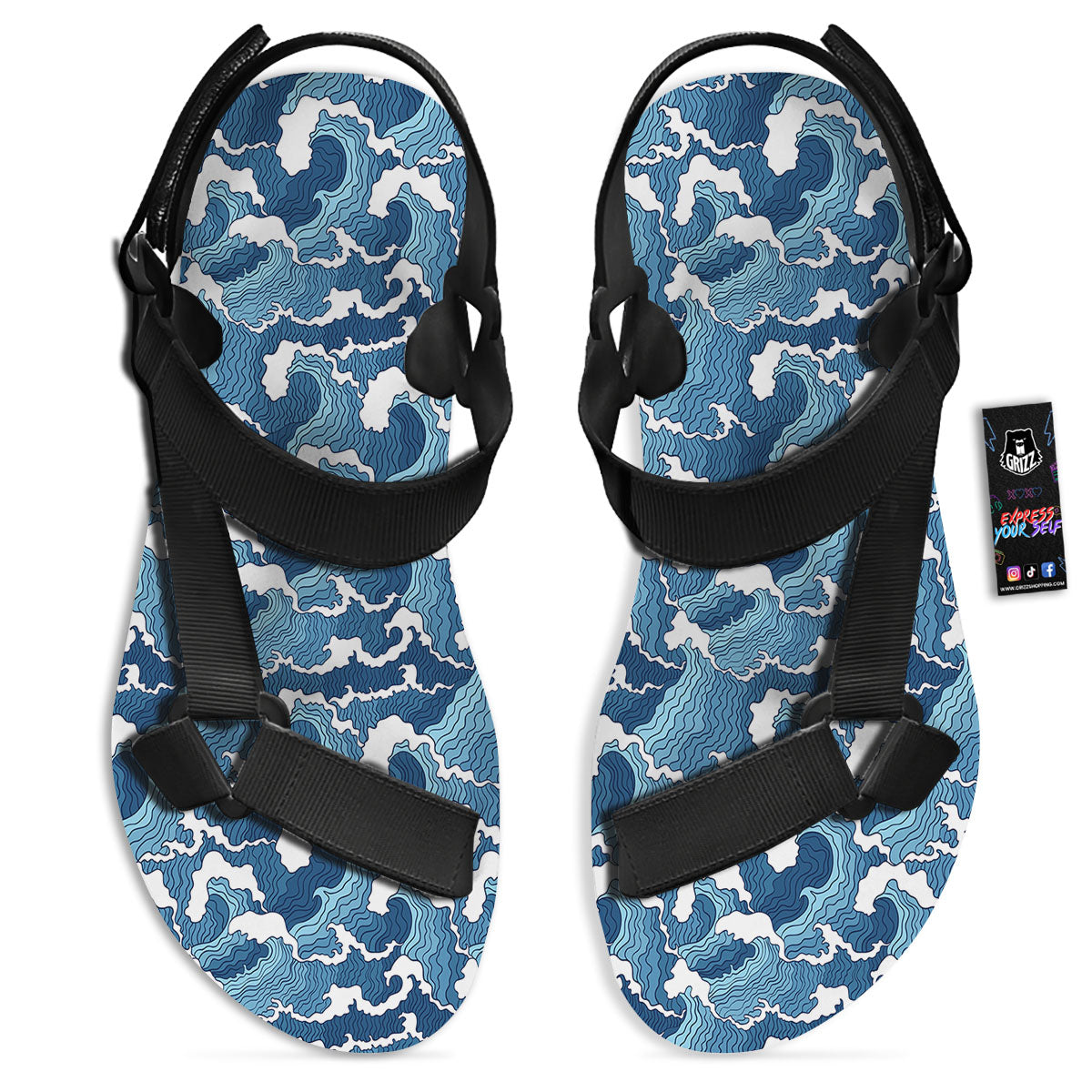 Ocean Wave Japanese Print Pattern Black Open Toe Sandals-grizzshop