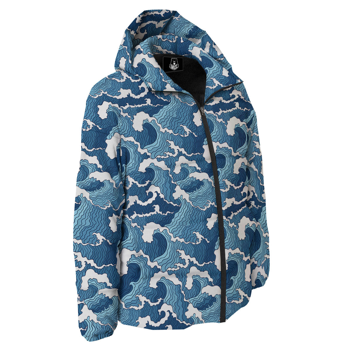 Ocean Wave Japanese Print Pattern Down Jacket-grizzshop