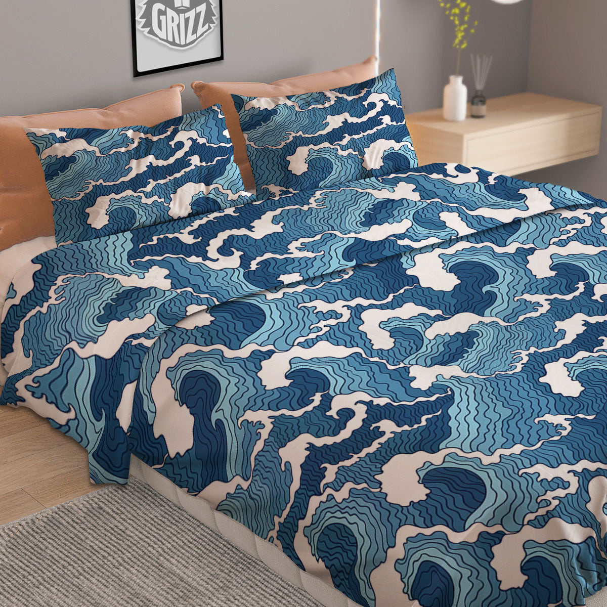 Ocean Wave Japanese Print Pattern Duvet Cover Bedding Set