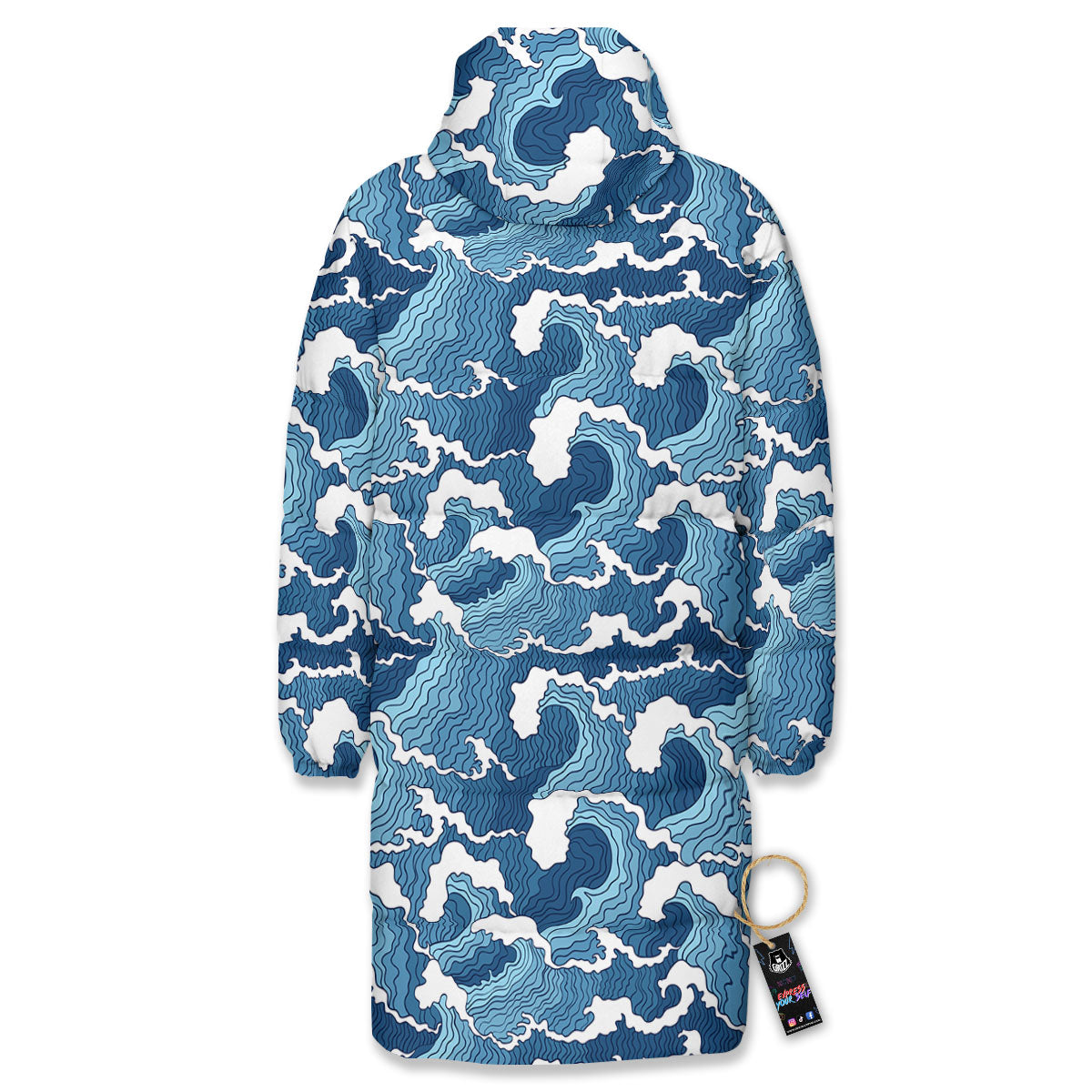 Ocean Wave Japanese Print Pattern Long Down Jacket-grizzshop