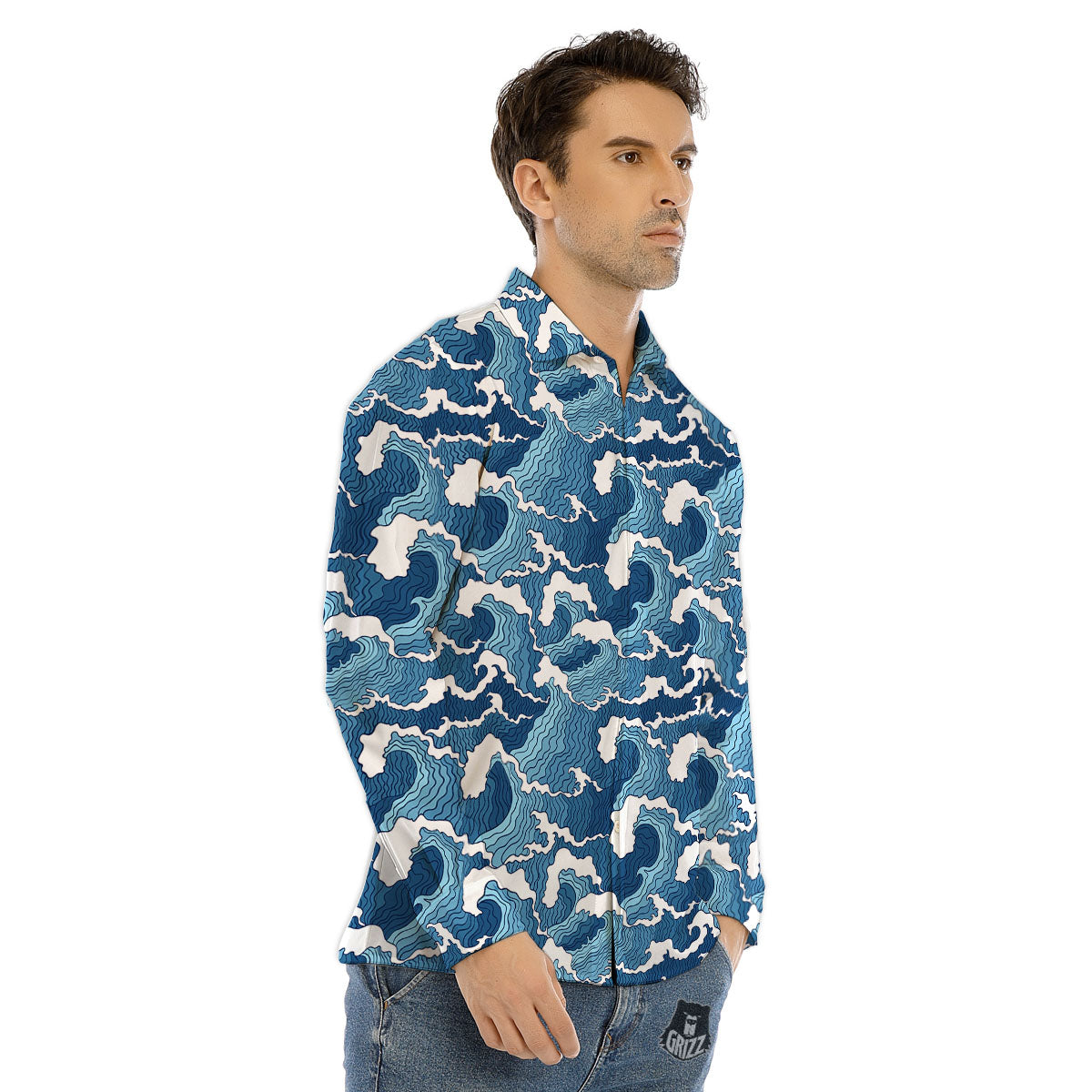 Ocean Wave Japanese Print Pattern Men's Dress Shirts-grizzshop