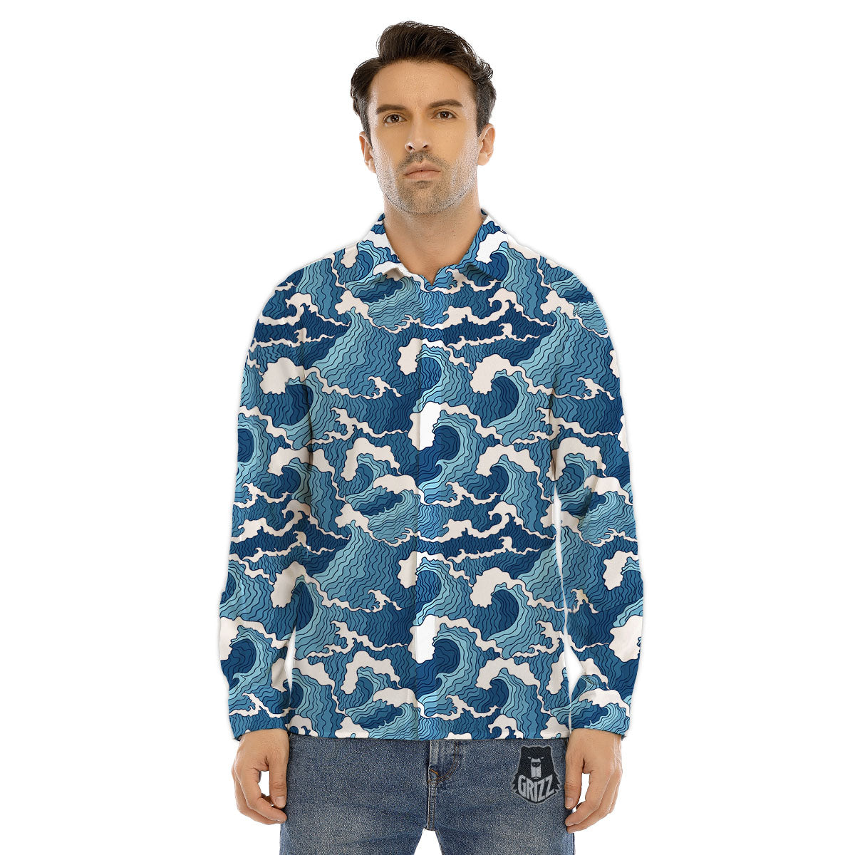 Ocean Wave Japanese Print Pattern Men's Dress Shirts-grizzshop