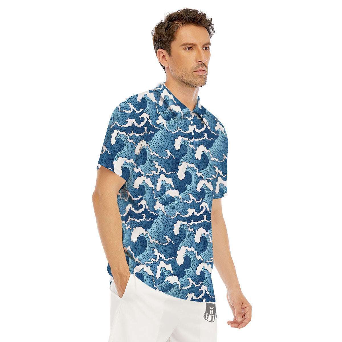 Ocean Wave Japanese Print Pattern Men's Golf Shirts-grizzshop