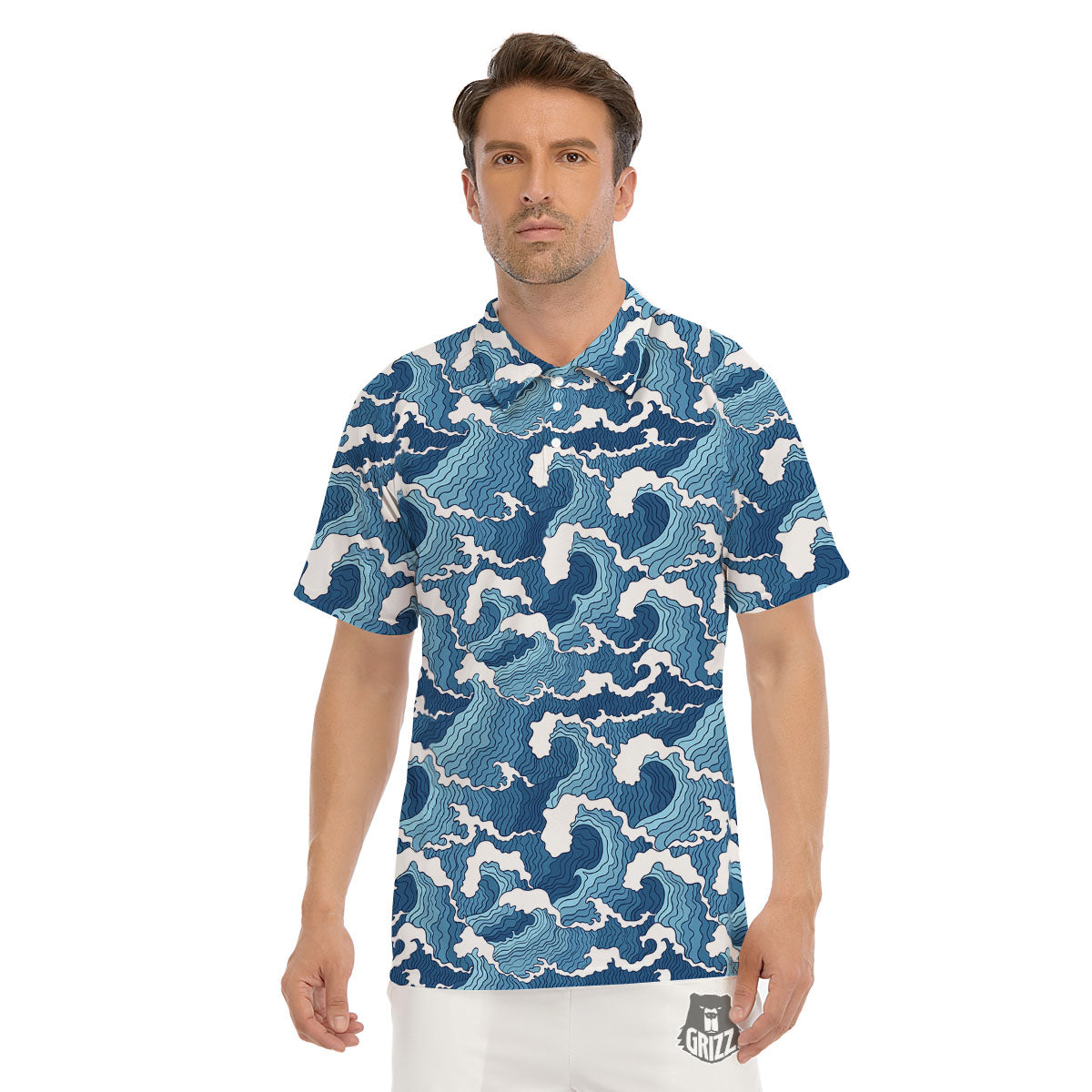 Ocean Wave Japanese Print Pattern Men's Golf Shirts-grizzshop