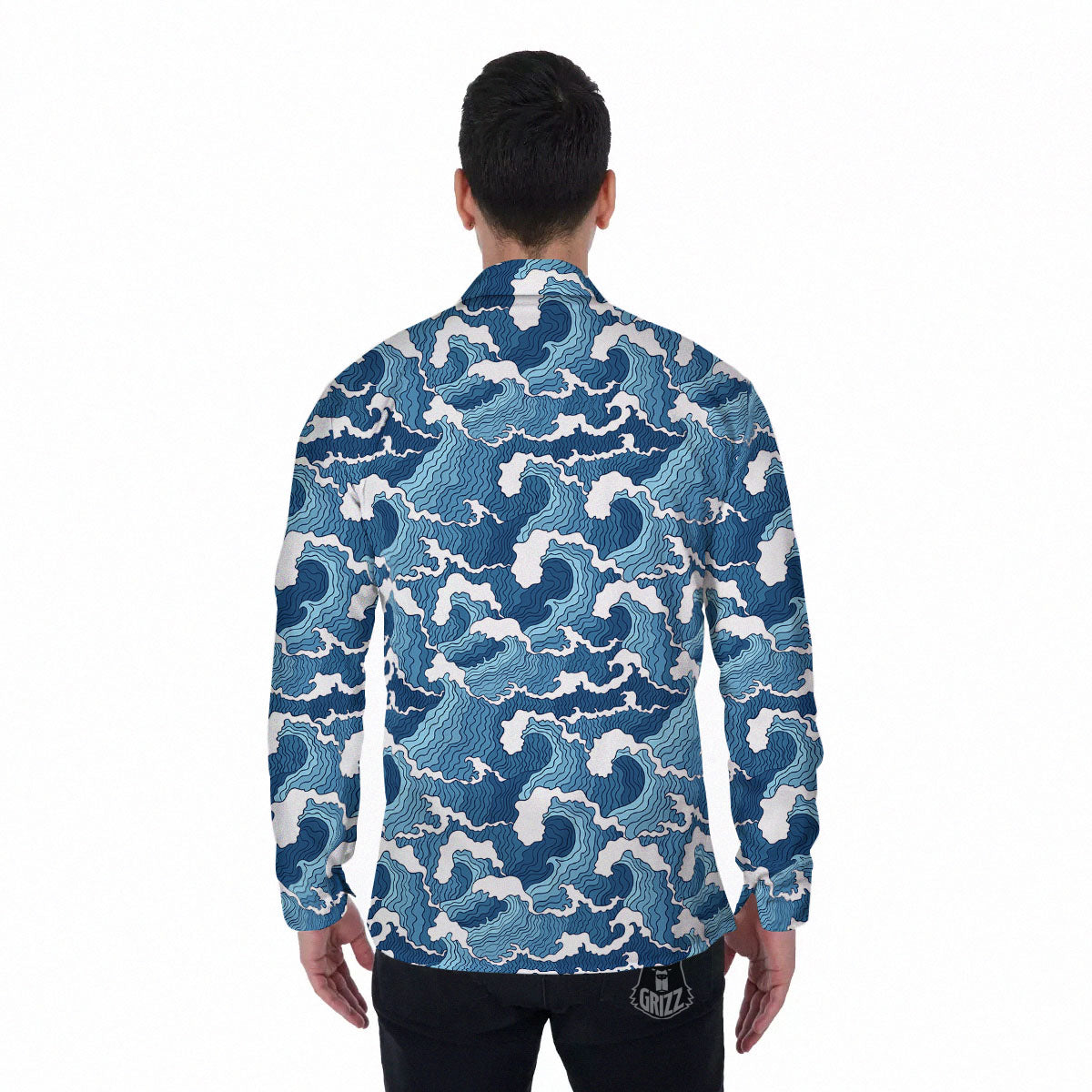 Ocean Wave Japanese Print Pattern Men's Long Sleeve Shirts-grizzshop