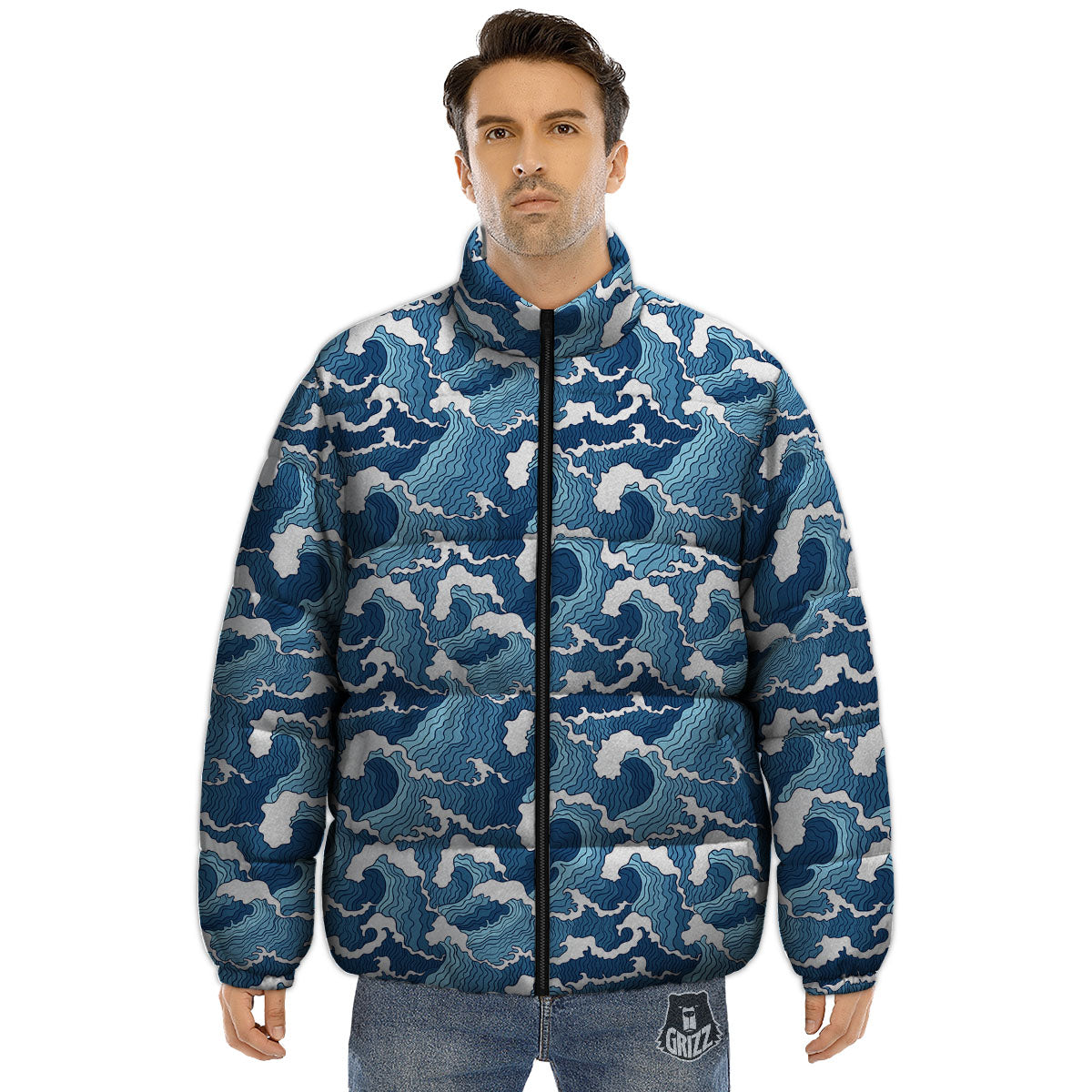 Ocean Wave Japanese Print Pattern Puffer Jacket-grizzshop