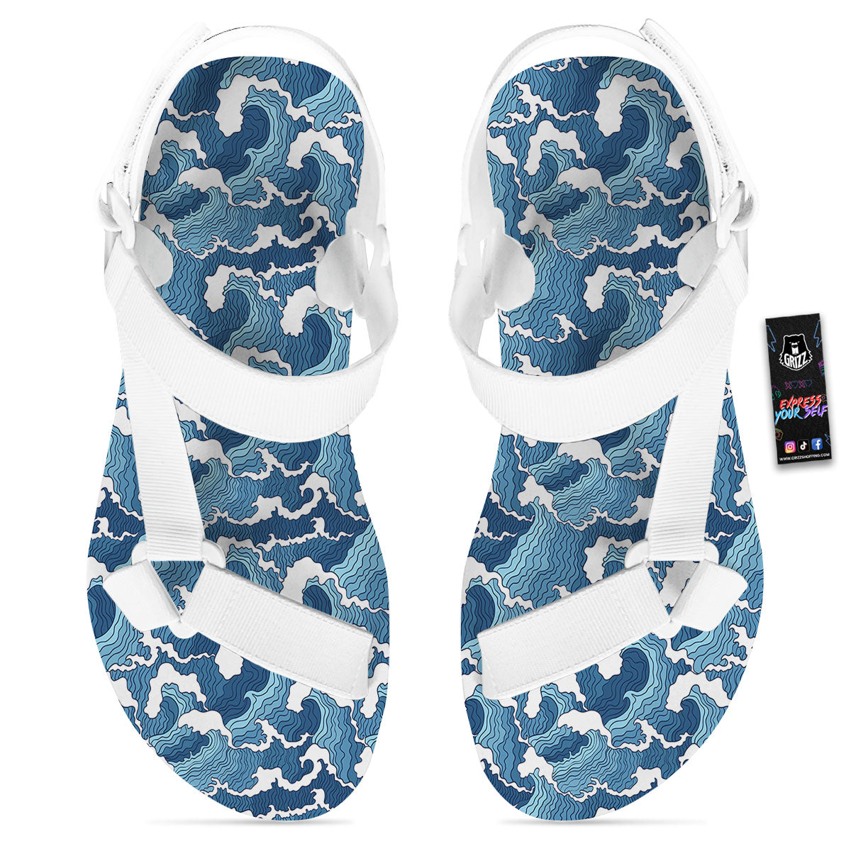 Ocean Wave Japanese Print Pattern White Open Toe Sandals-grizzshop