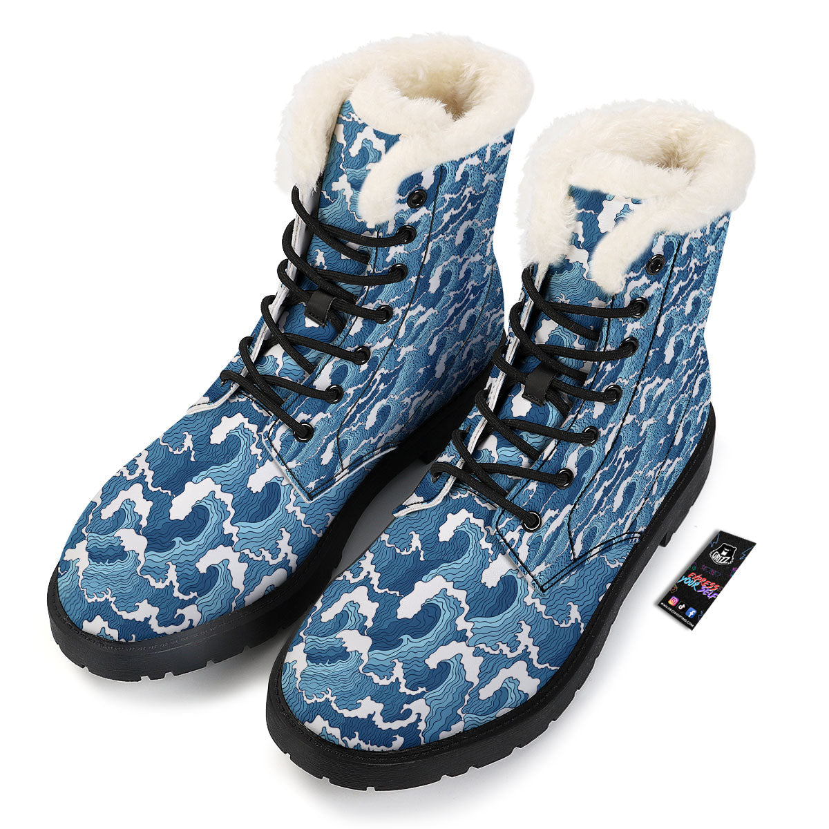 Ocean Wave Japanese Print Pattern Winter Boots-grizzshop
