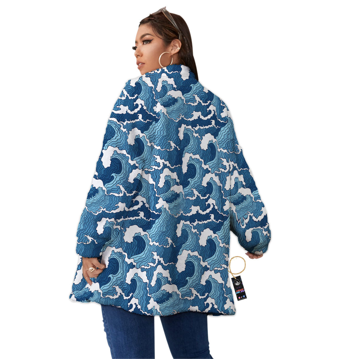 Ocean Wave Japanese Print Pattern Women's Sherpa Jacket-grizzshop