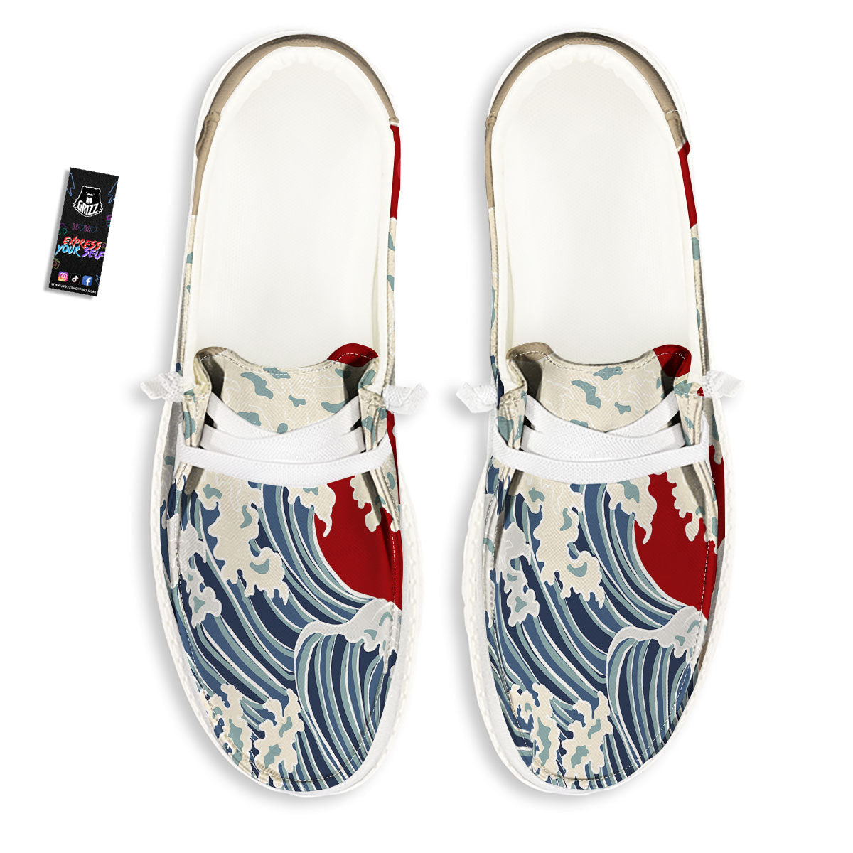 Ocean Wave Japanese Print White Loafers-grizzshop