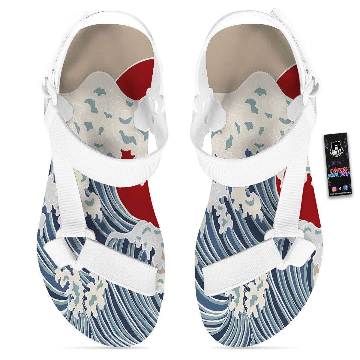Ocean Wave Japanese Print White Open Toe Sandals-grizzshop