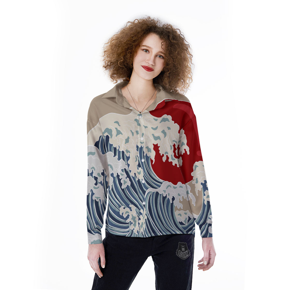 Ocean Wave Japanese Print Women's Long Sleeve Shirts-grizzshop