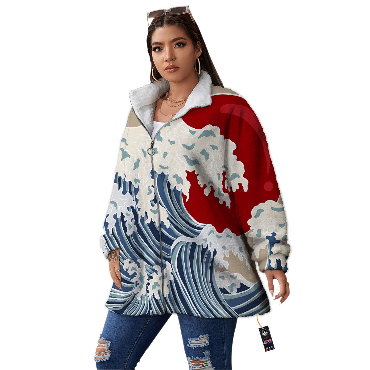 Ocean Wave Japanese Print Women's Sherpa Jacket-grizzshop