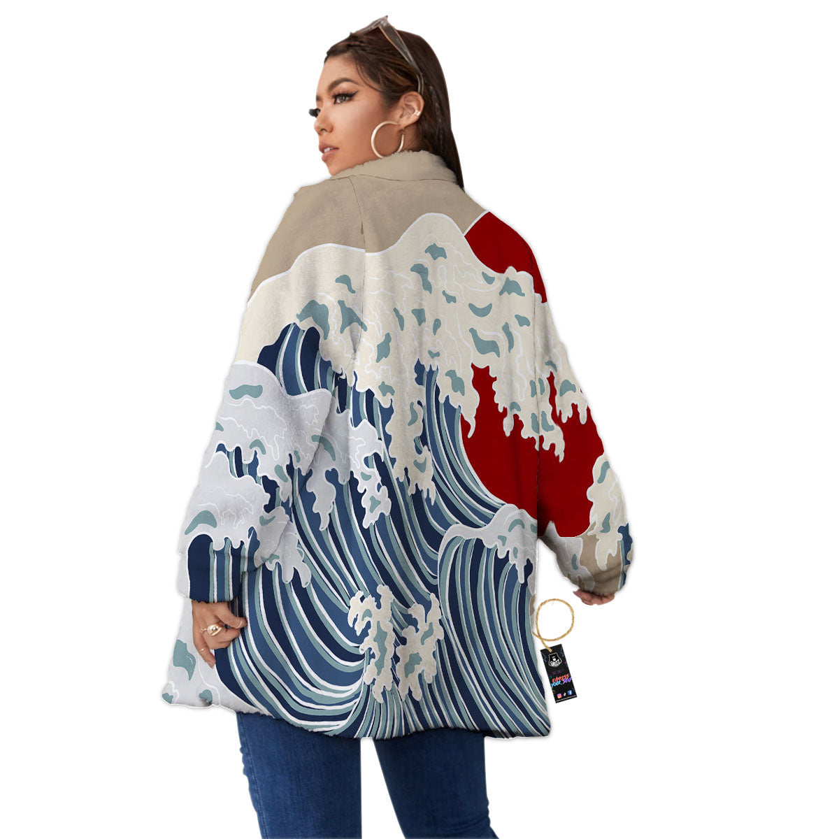 Ocean Wave Japanese Print Women's Sherpa Jacket-grizzshop