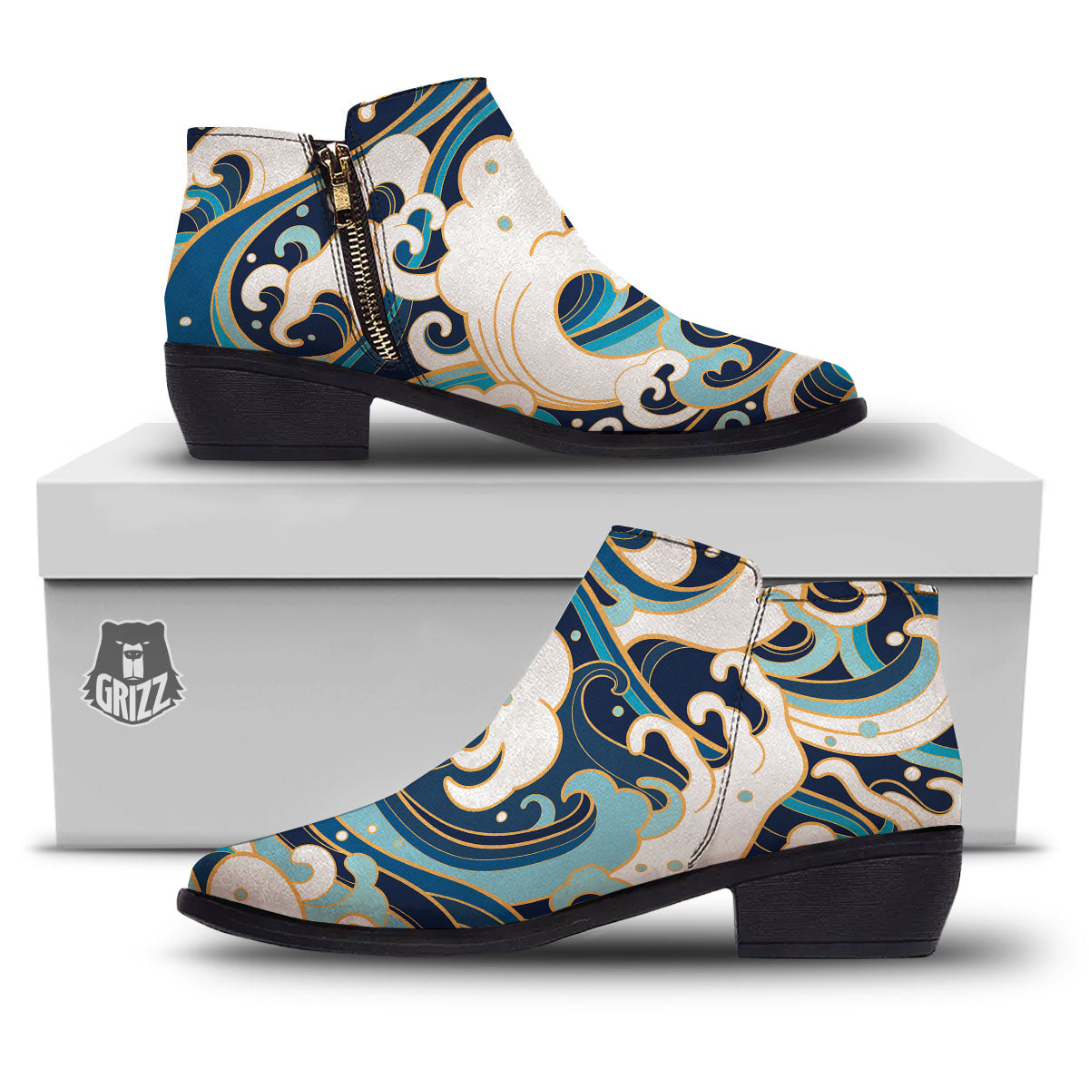 Ocean Wave Print Ankle Boots-grizzshop