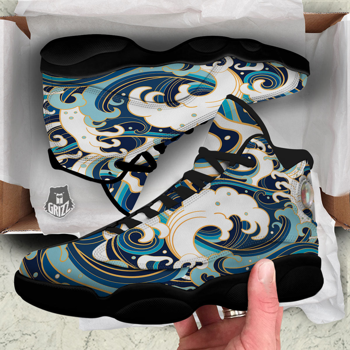 Ocean Wave Print Black Basketball Shoes-grizzshop