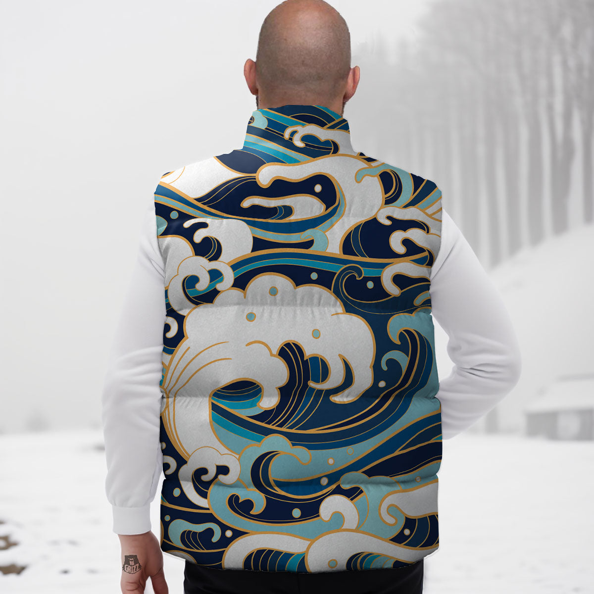 Ocean Wave Print Down Vest-grizzshop