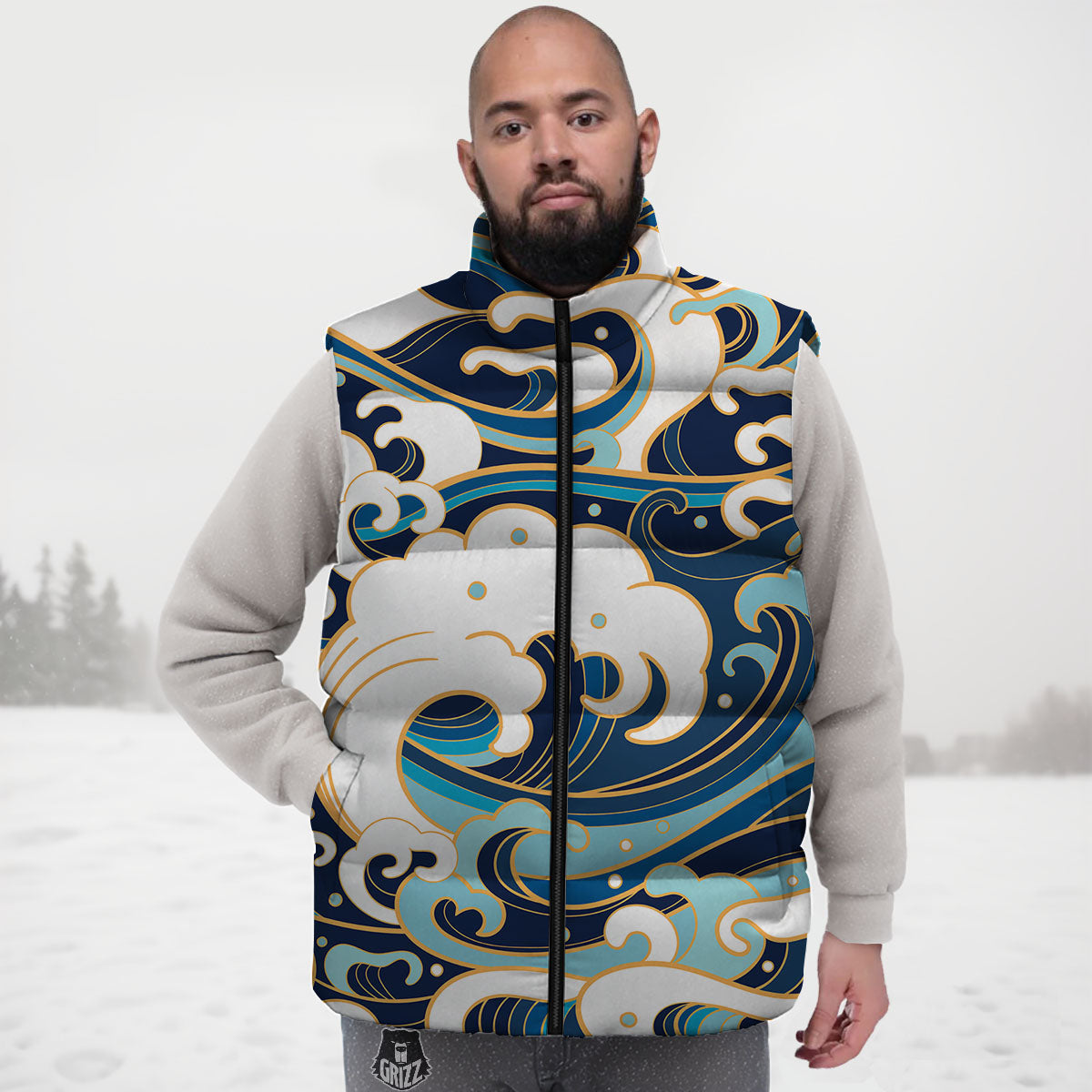 Ocean Wave Print Down Vest-grizzshop