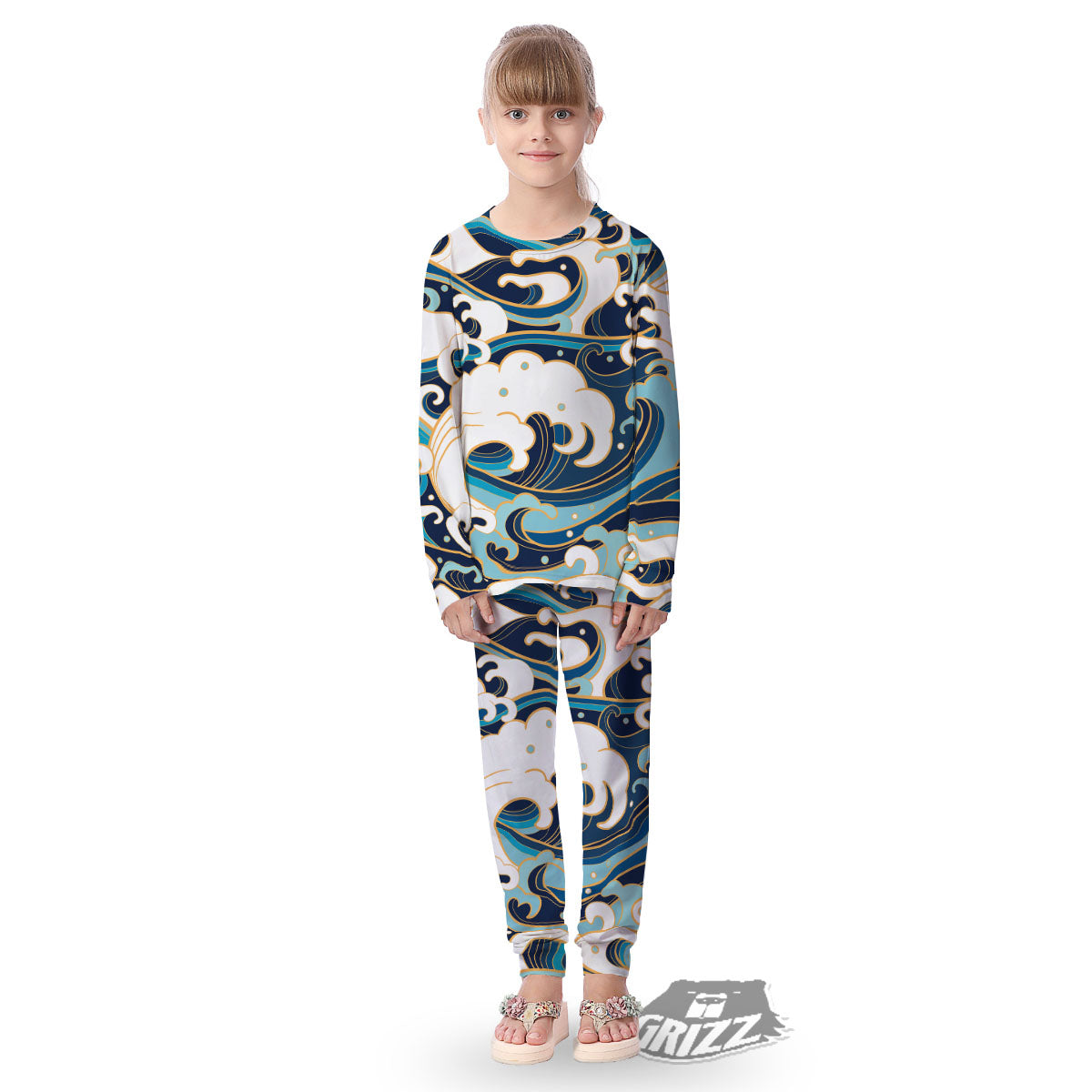 Ocean Wave Print Kid's Pajamas-grizzshop