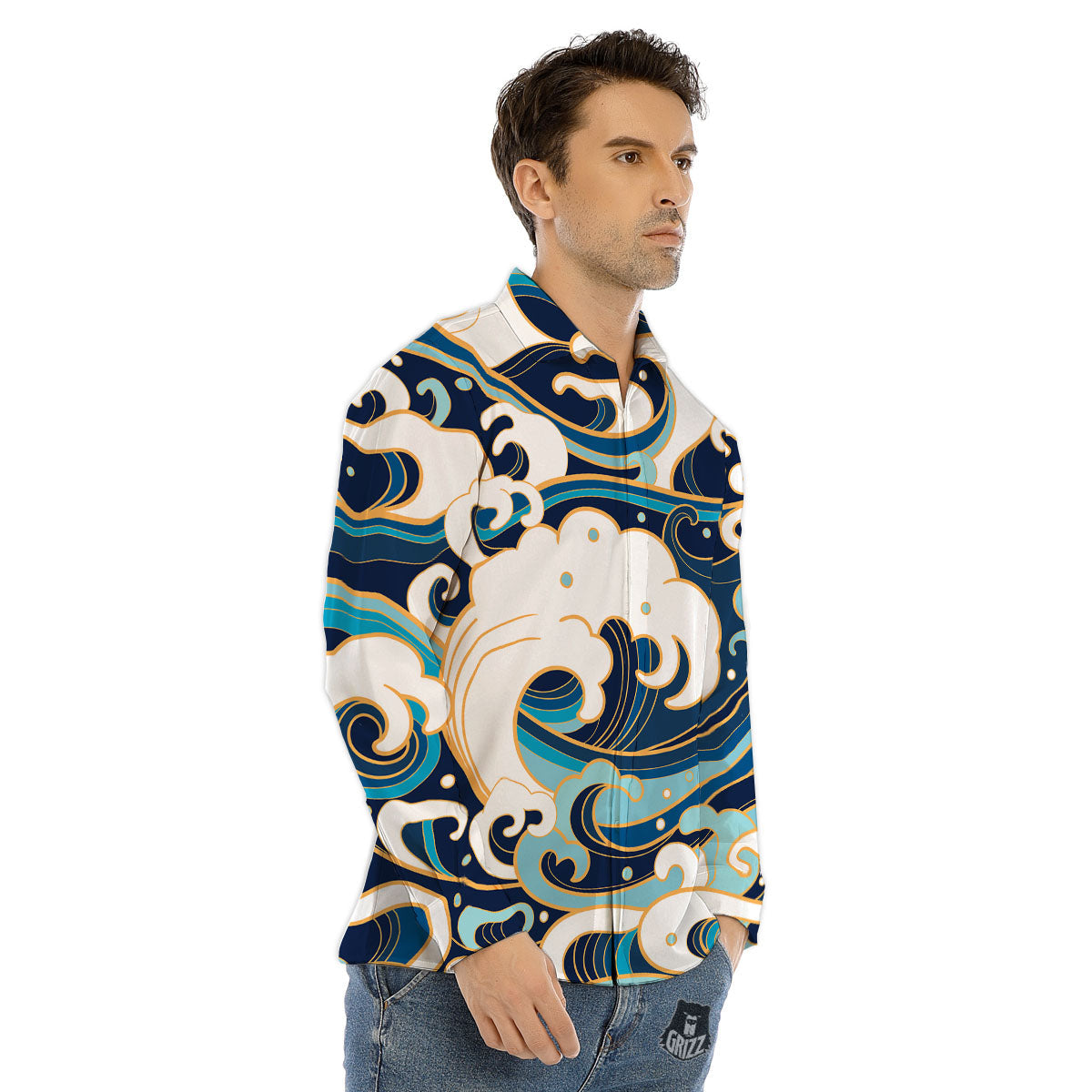 Ocean Wave Print Men's Dress Shirts-grizzshop