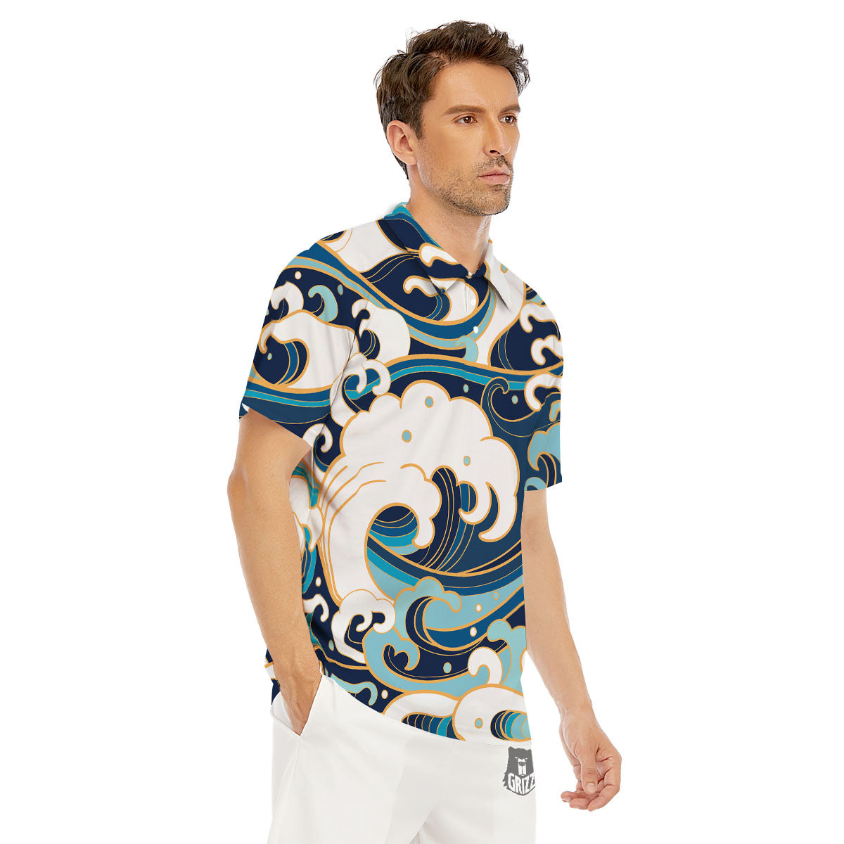 Ocean Wave Print Men's Golf Shirts-grizzshop