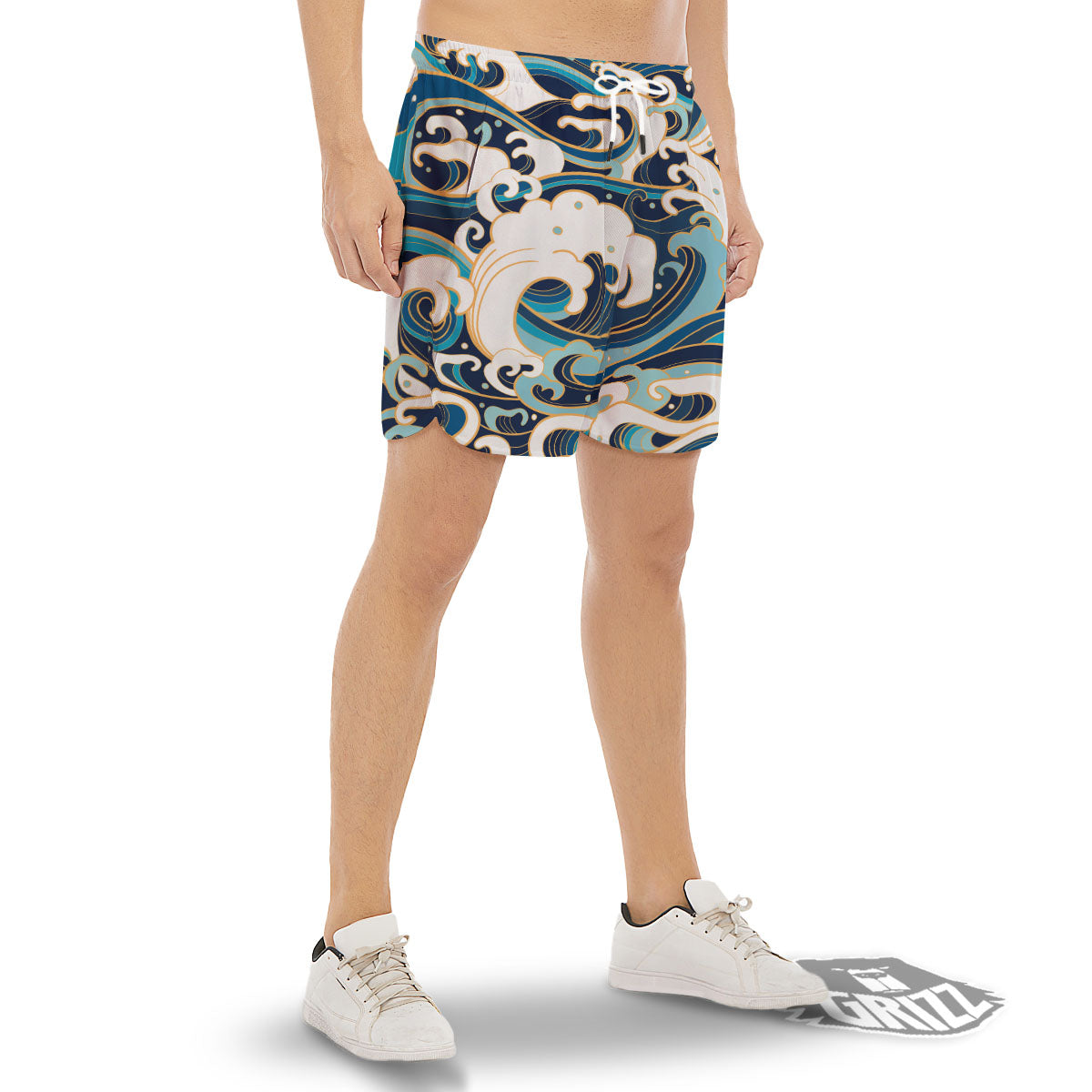 Ocean Wave Print Men's Gym Shorts-grizzshop