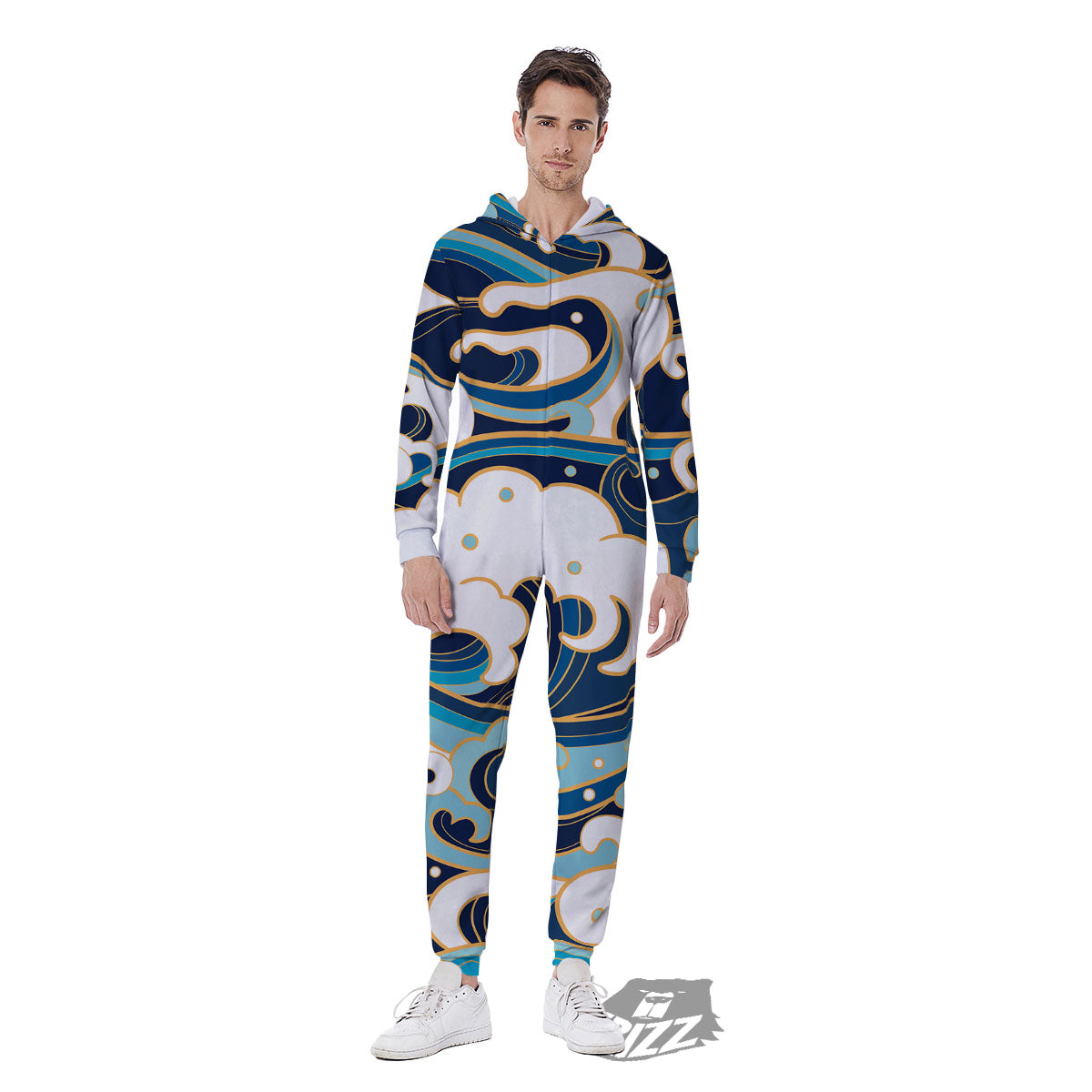 Ocean Wave Print Men's Jumpsuit-grizzshop