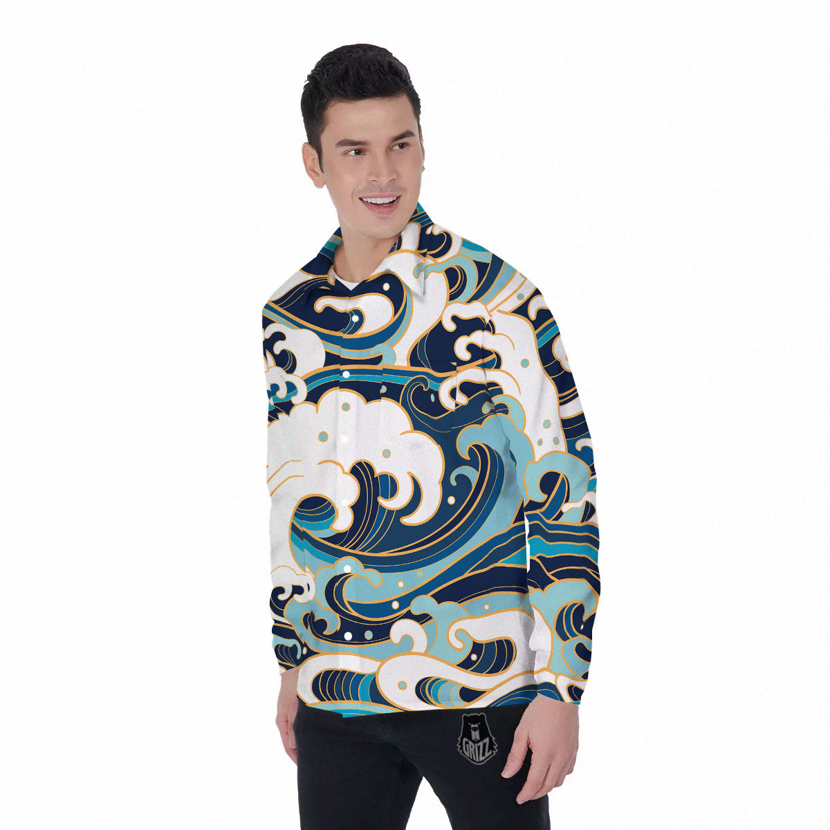 Ocean Wave Print Men's Long Sleeve Shirts-grizzshop