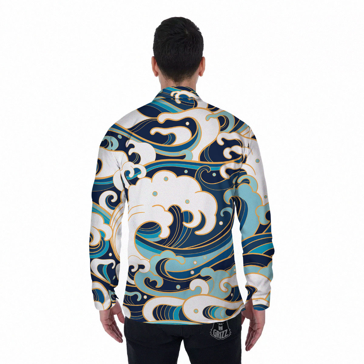 Ocean Wave Print Men's Long Sleeve Shirts-grizzshop